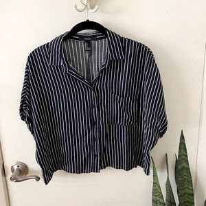 Blue & White Striped Cropped Button Down